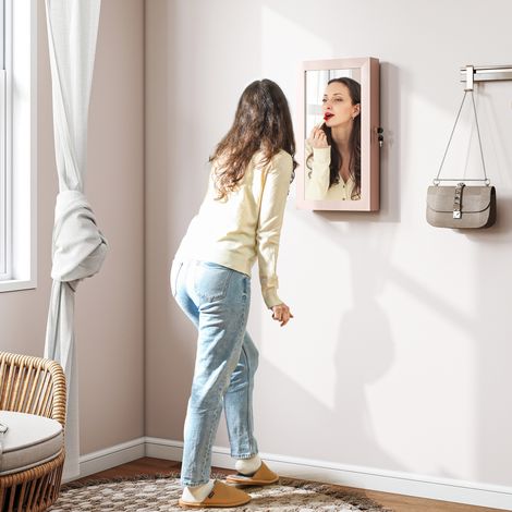 Espejo Joyero de Pared con Cerradura y Varios Compartimentos Montar en Pared o Puerta Rosa y Forro Beige (1/5)