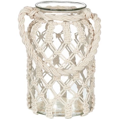 Linterna de vidrio blanco crema 31 cm farol tarro asa de cuerda vela boho Jalebi