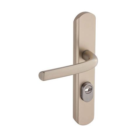 Poignée de porte blindée sur Plaque Secumax One, Version Clé I, Entraxe 195 mm, Pose Facile, en Aluminium, Protecteur de Cylindre Inox Ajustable de 5 mm, Anodisé Champagne