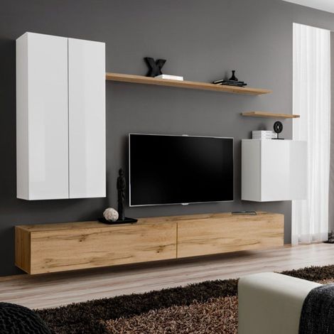 Meuble TV Mural Design "Switch II" 270cm Blanc & Naturel (1/4)
