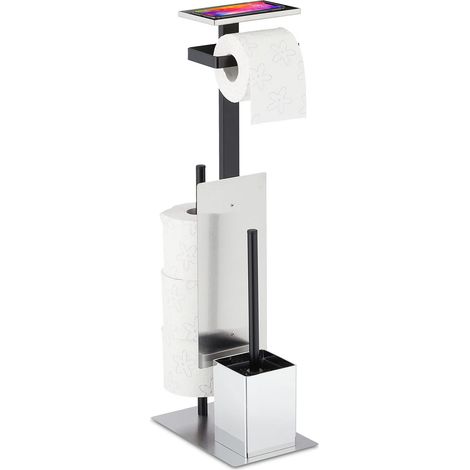 Serviteur WC, Porte-Papier, Balai Toilette et Porte-Brosse, Rangement, 69 x 26 x 18 cm, argenté/Noir (1/5)