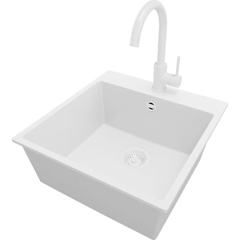 PRIMAGRAN Evier Cuisine en Granit 48x50cm, Lavabo 1 bac + Robinet 32x20cm + Kit de Vidage, Évier à Encastrer au meuble 50cm - Riga, Tout Blanc