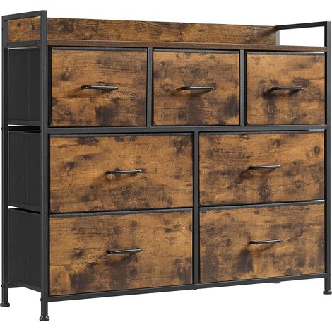 Songmics – Commode enfant 7 tiroirs en tissu – Meuble de rangement 98x28,5x85 cm – Poignées en métal – Style industriel marron rustique et noir