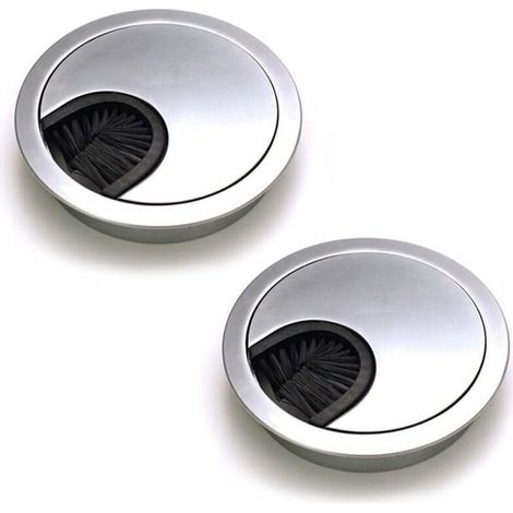 Lot de 2 Passe Cables Ronds Encastrables. Passe Cable Fil Métal Acier Brossé Design. Rangements de Cables pour Table de Bureau Diamètre 60 mm - Argent Perle Chrome (1/5)