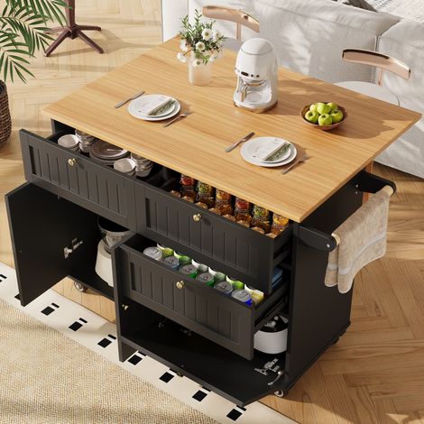 Isla de cocina 133x37.3x88 cm negra en MDF con ruedas, puerta abatible y almacenaje (1/5)
