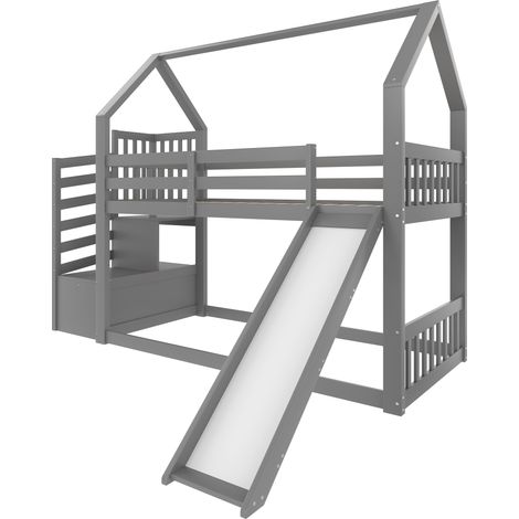 Lit cabane enfant gris 90 x 200 cm avec toboggan, escalier de rangement MODENUIT (1/5)