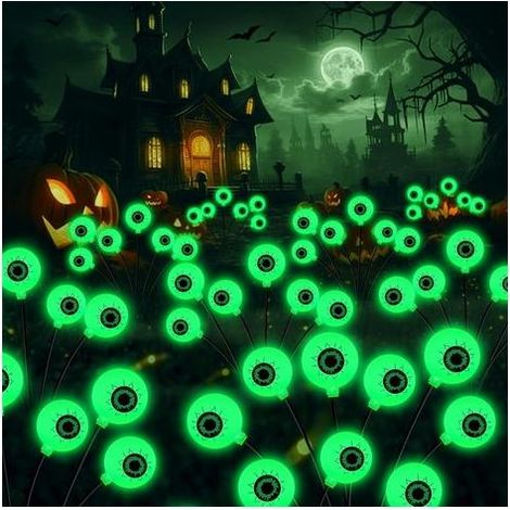 2 Stück Halloween Deko Licht Outdoor, 6 LED Augäpfel Grüne Halloween LED Lichter Solar Gartenlichter Dekoration Lichterkette für Draußen Innen Spukhäuser und Partyzubehör Solarlampen für Außen (1/5)