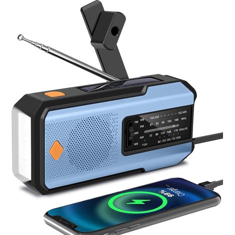 Radio d'urgence avec manivelle et 3 lampes torches LED, idéale pour le camping en intérieur et en extérieur, bleue. (1/5)