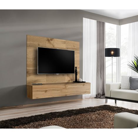 Ensemble meuble TV mural Switch PR1 - Bois MDF chêne Wotan - 180 x 148 x 40 cm - Livraison gratuite