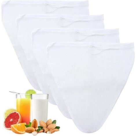 Set of 4 food cotton filter bags, 30 x 30 cm, white, nylon, filter bags for vegetable and fruit juices, coffee, oat milk, vegetable milk (1/4)