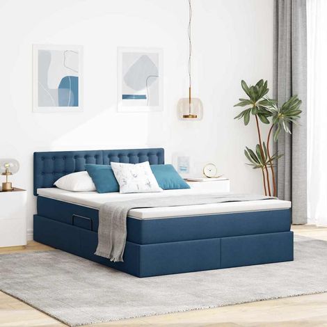 Bett mit Stauraum und LED mit Matratze Blau 140 x 200 cm Stoff (1/5)