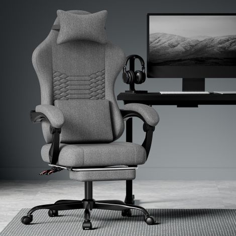 Chaise de gaming / Chaise de bureau en tissu, Chaise de gaming massante avec appui-tête, Siège de gaming ergonomique style baquet avec repose-pieds