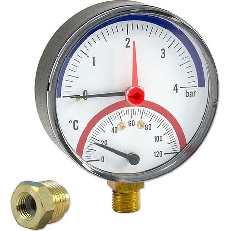 Thermo-Manometer Ø 80 mm - Anschluss radial - Anzeige 0 - 4 bar / 0 bis 120 °C