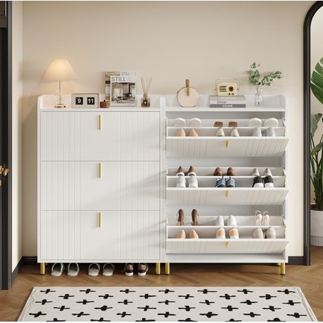 Lot de 2 meubles à chaussures 80x23x123,5 cm en MDF blanc, gain de place pour entrée FloraGrace (1/5)