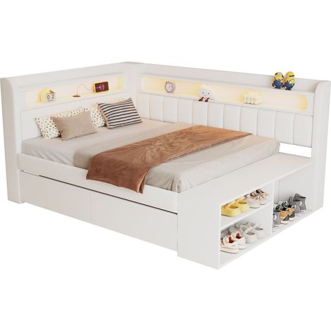 Canapé-lit rembourré 90x200cm avec port USB et bande lumineuse LED, avec meuble à chaussures et deux tiroirs, blanc. (1/5)