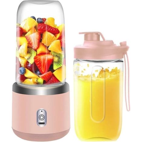 Blender portable rechargeable de 400 ml avec 6 lames pour smoothies, jus et purées pour bébé, incluant un mug de voyage, un mug supplémentaire et un couvercle, grand format - Rose (1/5)