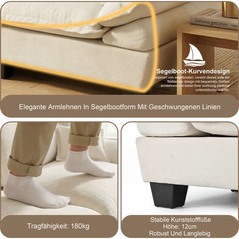 Canapé modulaire en forme de L, sofa bateau avec porte-gobelets et rangement, port USB, 1 pouf et 2 coussins, housse en chenille pour appartement et salon, beige (1/5)
