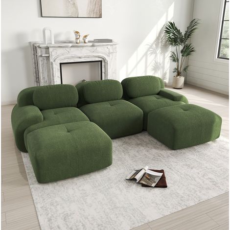 Canapé d’angle modulaire vert en velours côtelé avec mousse 32D haute élasticité et base antidérapante (1/5)