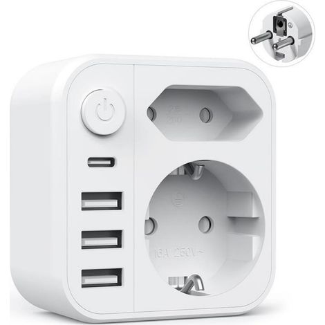 Adaptador Multipuerto - 6 En 1 - 4000 W 16 A Con Interruptor - Conversión De Enchufe Alemán A Europeo - Para Uso Doméstico Oficina Y Viaje - 1 Unidad (1/5)