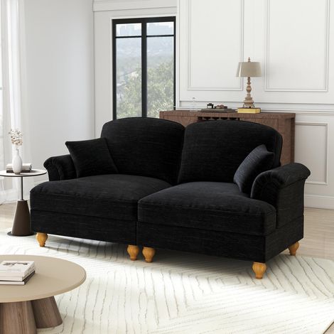 Élégant canapé 2 places de style médiéval-moderne, avec accoudoirs évasés, cantonnière amovible et pieds en bois – Revêtement en chenille confortable, idéal pour le salon, noir (1/5)