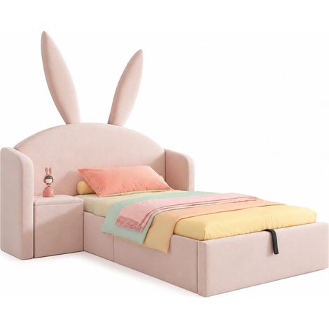 Lit enfant 90x190 cm rose avec tête de lit en velours, chevet de rangement réversible, coffre hydraulique, design oreilles de lapin, gain de place pour chambre - CHICFURN (1/5)