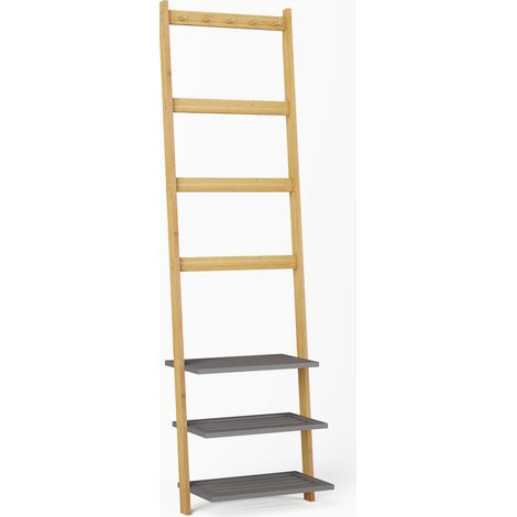 CAIziPorte-serviettes en bambou, échelle décorative à serviettes, portant à vêtements sur pied pour salle de bain avec 3 étagères, 4 barres et 5 crochets, naturel, échelle porte-vêtements en bambou, n