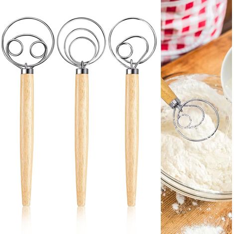 Dough whisk: 3 pieces, 13-inch whisk, egg beater with wooden handle, stainless steel wire mixer, for making bread and cakes (1/5)