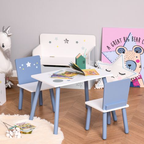 Kindertisch und Stühle, Kindertisch für 2-4-Jährige, aus blau-weißem Holz, 3-teiliges Set
