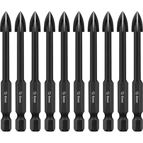 Juego de 10 brocas para vidrio y azulejos, vástago hexagonal de 1/4", 6 mm, multiusos, para vidrio, hormigón, mampostería, espejos y azulejos cerámicos en paredes de hormigón y ladrillo. (1/5)
