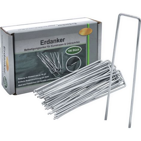 Metall Erdanker silber 15 x 3 cm - 100 Stück - Bodenanker für Kunstrasen und Unkrautvlies - Stahl Befestigungsanker Set Bodenverankerung Erdnägel Zelt Garten Heringe