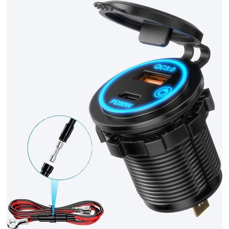 Dual-Port-3.0-Ladegerät, wasserdichter 12V/24V-USB- und Typ-C-Stecker mit Touch-Schalter für Auto, Boot, Wohnmobil, blau