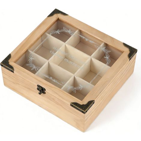 Boîte à sachets de thé en bois 9 compartiments avec couvercle transparent, rangement élégant pour cuisine, pin massif, 24x24x9cm (1/5)