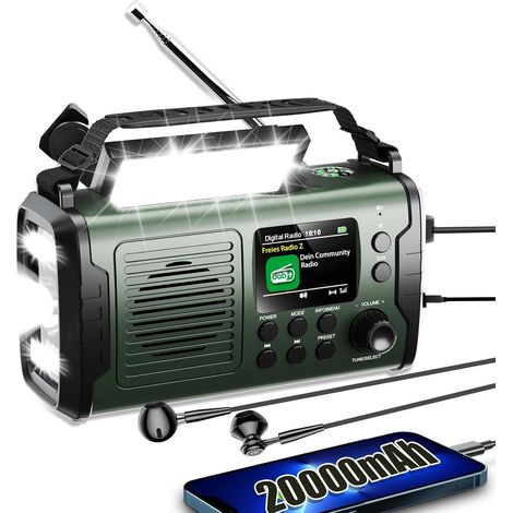 20000mAh Radio Solaire, Dab/Dab+/FM Radio à Manivelle, 3 Méthodes de Recharge, 11 en 1 avec Bluetooth 5.3, Batterie Externe, SOS, Lampe Torche, Boussole,Carte TF et Lampe de Lecture (1/5)
