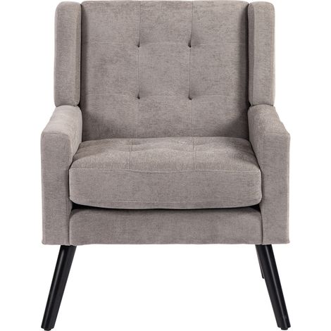 Fauteuil rembourré en lin noir avec pieds en bois massif - Chaise compacte style Mid-Century pour salon, chambre ou bureau (1/5)