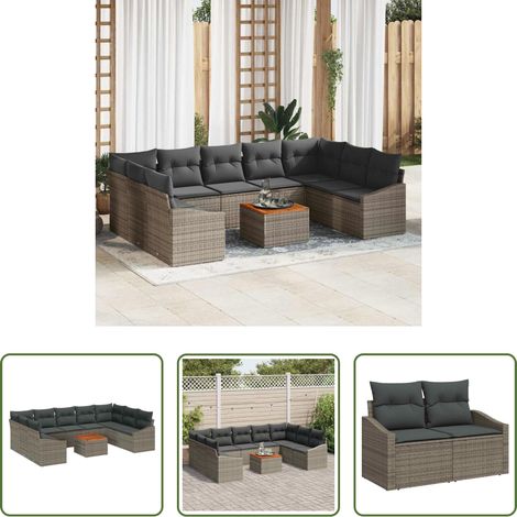 vidaXL Canapé en poly rattan - Ensemble de canapé de jardin avec coussin 10 pcs Gris polyrotin (1/5)