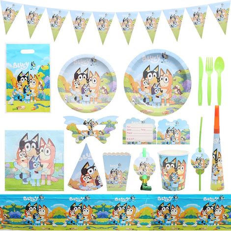 Ensemble de vaisselle jetable Bluey pour fête d'anniversaire : nappe, sac à surprises, panneau, toile de fond pour bingo, banderole, décorations pour enfants (1/5)