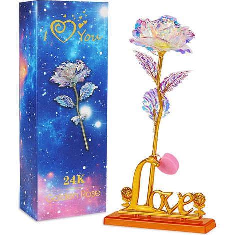 Roses dorées à la feuille d'or avec support en forme de cœur - Cadeau unique pour elle, petite amie, épouse, femme, maman, Saint-Valentin, Fête des Mères, Fête des Fêtes, Anniversaire de mariage (1/4)