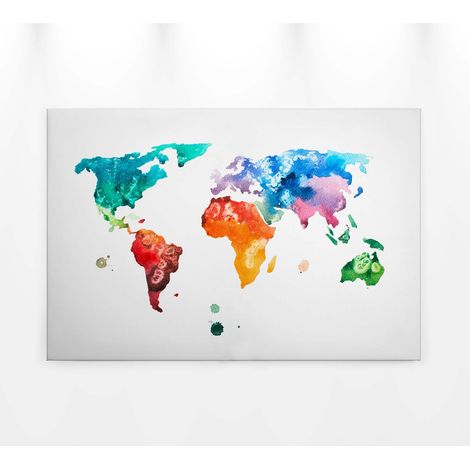 Tableau aquarelle multicolore sur fond blanc | Tableau sur toile tendance pour chambre d'enfant | Tableau carte du monde originale - 0,9 x 0,6 m (1/5)
