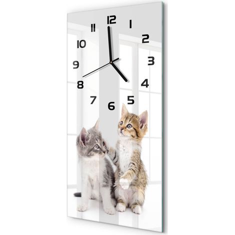 Horloge Murale Rectangulaire Verticale Design Épuré Verre Silencieuse Deux petits chats 30x60 cm (1/5)