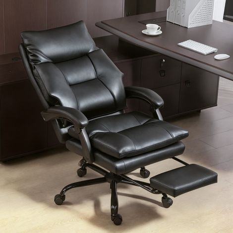 Chaise de bureau réglable en hauteur avec angle d'inclinaison de 135°. Cuir PU noir. 65 x 76 x 113-121 cm. (1/5)