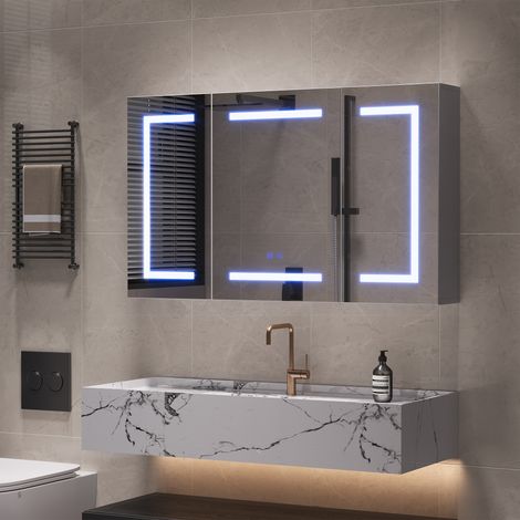 Armadio da bagno con specchio, Armadio da toilette con specchio 3 ante con illuminazione LED 3 colori, funzione antiappannamento, presa elettrica EU integrata, ripiani regolabili, design moderno