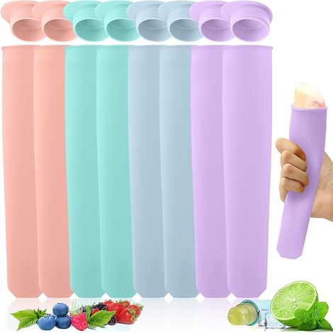 8 Pièces Moule a Glace Silicone avec Couvercle, Mold Popsicle Réutilisables, Moules Glace L'eau, Ice Pop Mold, Moule Sorbet & Yaourts pour Bebe, Enfant, Adulte, Maison (Rose Vert Bleu Violet) (1/5)