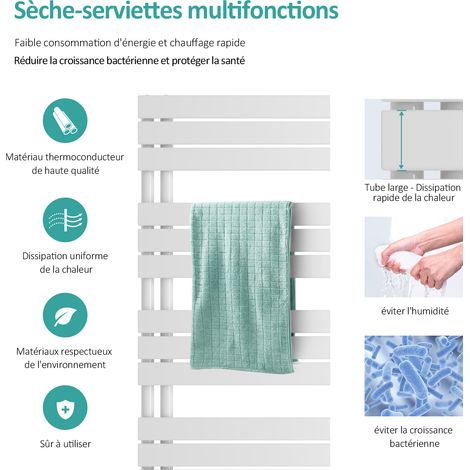 EMKE Sèche-serviettes à Eau Chaude Panneau Plat, Sèche-serviettes connexion latérale pour, Blanc 1320x400mm 570Watts