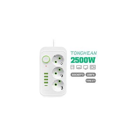Multiprise murale 3 prises et 4 ports USB USB-C 3A Câble 2m Protection contre surcharges Pour maison et bureau (1/5)