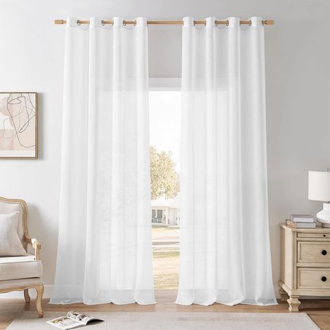 Rideaux Voilage Blanc 140x260 cm Rideau à Oeillet Semi-Transparent Effet Lin Lot de 2 pour Salon Moderne, Cuisine, Chambre, Dressing, Enfant, Rideaux et Draperies intérieurs de Fenetre (1/5)