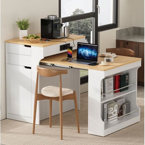 Mobile cucina con tavolo allungabile, ruote, prese e 2 cassetti, bianco DESVIAE (1/5)