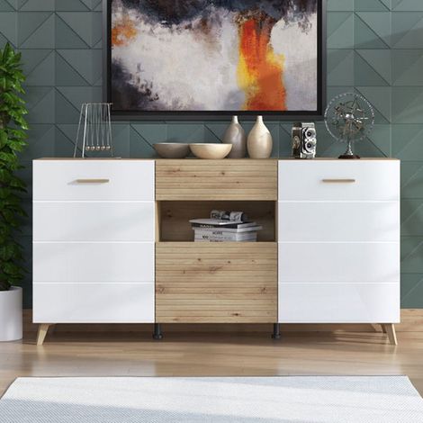 Credenza Morlupo, Madia un Cassetto, 3 Ripiani, Apertura Battente, a Ribalta, Scorrevole, 173x41.5x87.5h cm Bianco (1/5)
