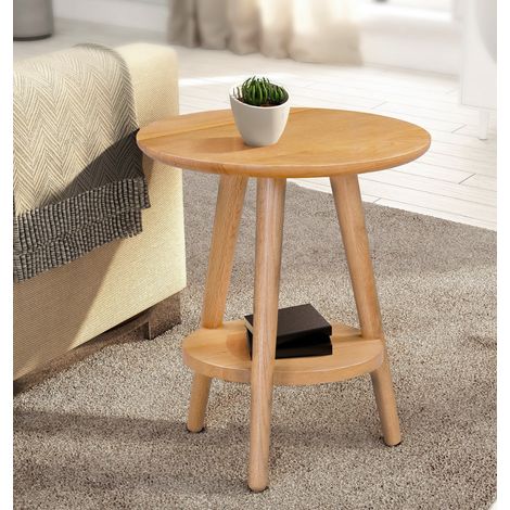 Hallowood Furniture Waverly Oak Side Table with Shelf, 3-Leg Design Solid Oak Small Round Table for Living Room, Bedroom and Hallway, Fully Assembled Wooden Plant Stand
