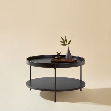 Table basse ronde à double plateau, bois et métal, 69 x 69 x 38 cm, noire (1/5)