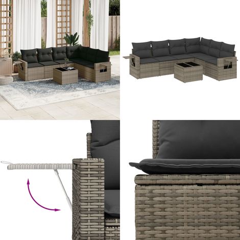 Salon de jardin avec coussins 7 pcs gris résine tressée - Ensemble Salon De Jardin - Meuble De Jardin - Canapé D'extérieur - Set De Salon - Chaise Longue - Home & Living